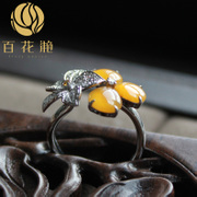 百花滟天然A货翡翠 冰玻种金黄翡翠花朵戒指BZ