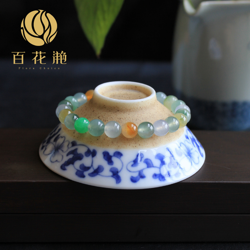 天然A货翡翠 彩色冰种翡翠圆珠手串